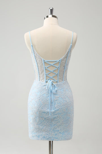 Ljusblå Bodycon Spaghetti Straps Korsett Homceoming Klänning med Paljetter